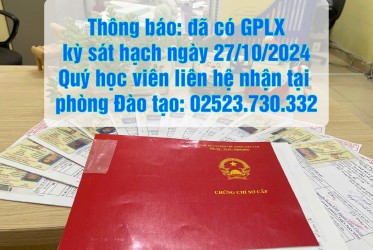 Thông báo: đã có GPLX kỳ sát hạch ngày 27/10/2024